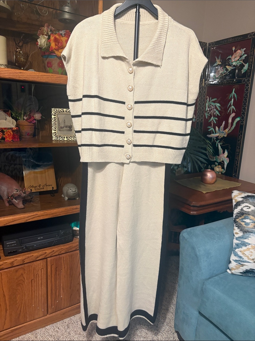 Cream Knit Two-Piece Set with Black Stripe Accents